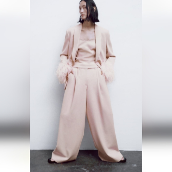 Zara 2 Pc Set Wide Leg Pants & Bustier Beige Pink Bloggers Favorite - Picture 9 of 14
